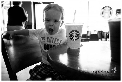 Black and white photo, toddler, starbucks